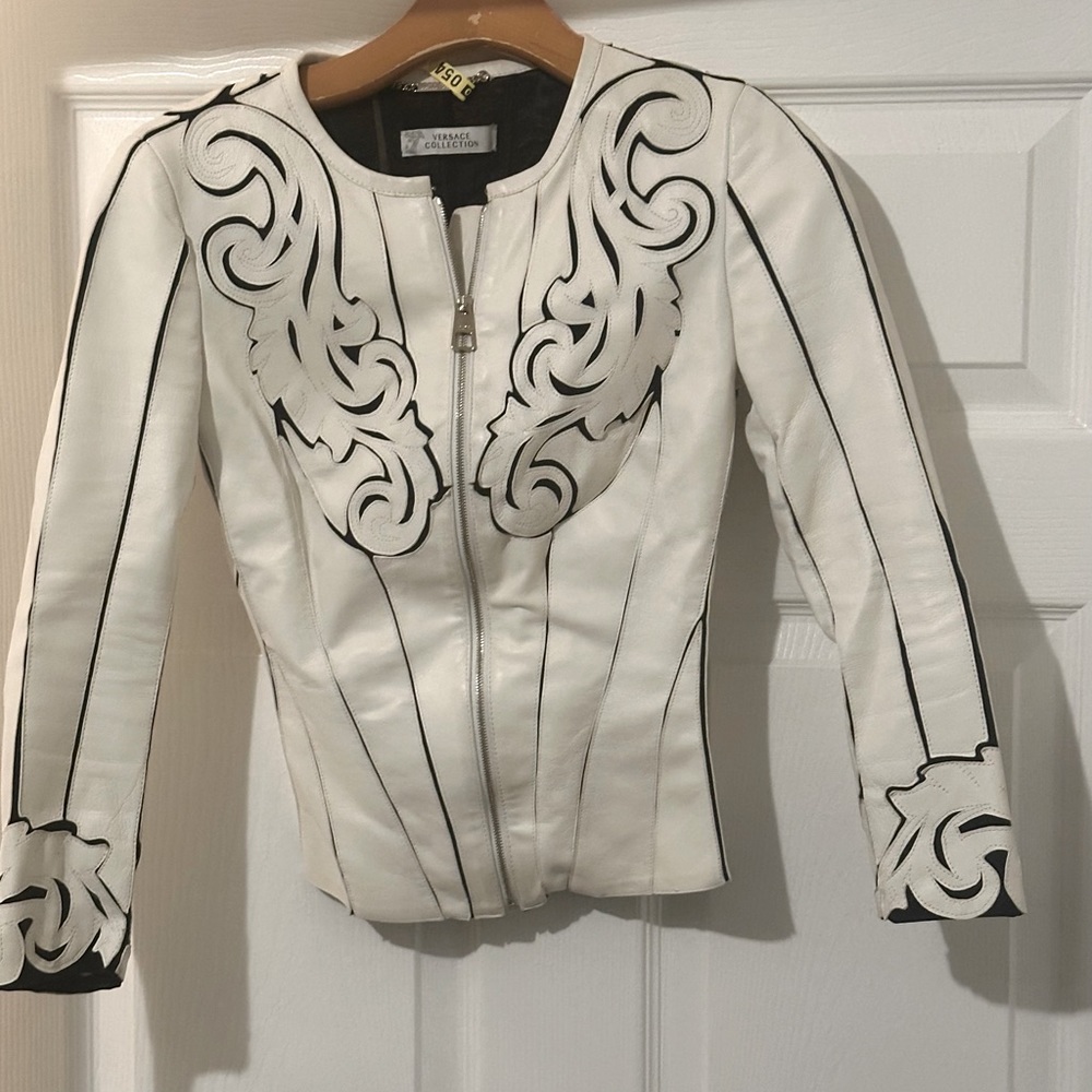 Versace white leather zip up jacket